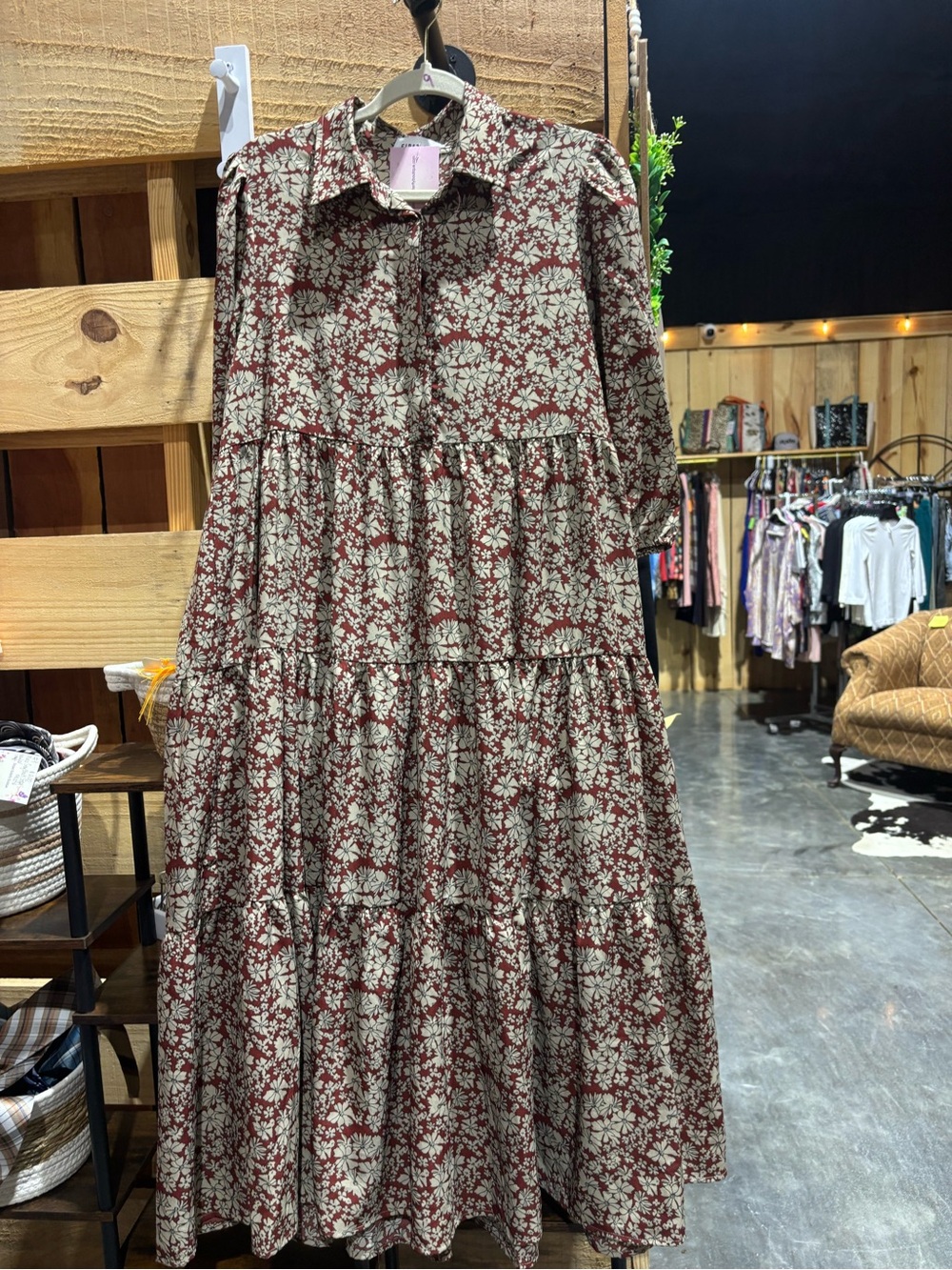 First Love Burgundy and Cream Floral Tiered Maxi Dress